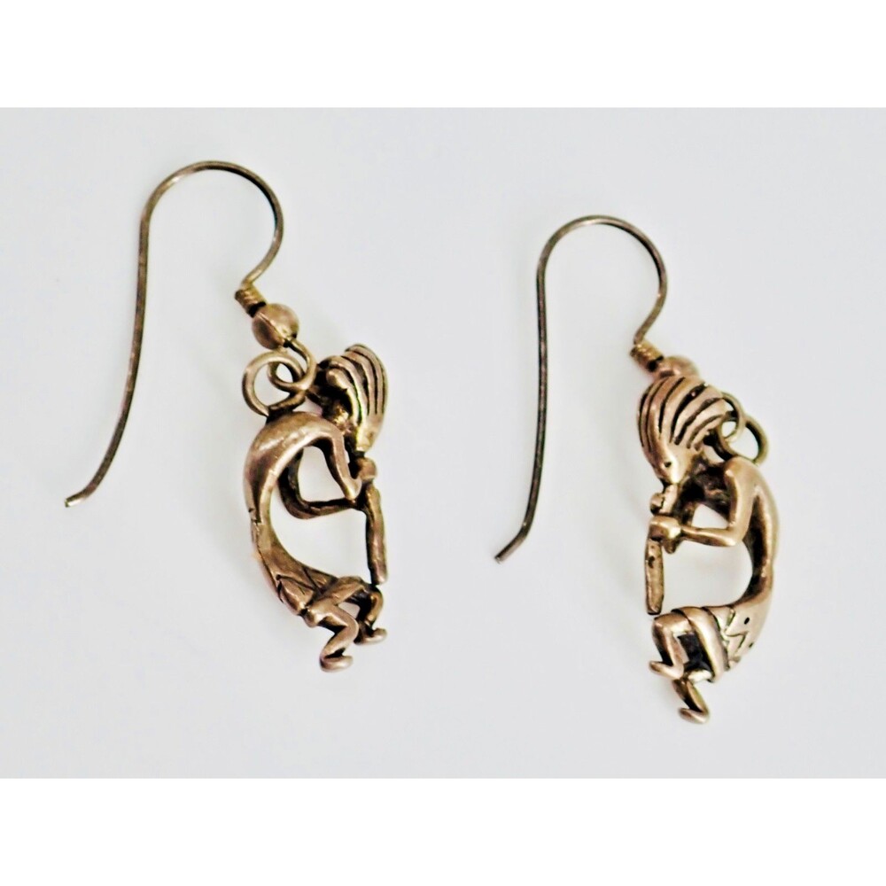 HAND CARVED STERLING SILVER KOKOPELLI DANCING DANGLE EARRINGS 5 gr  1" VINTAGE